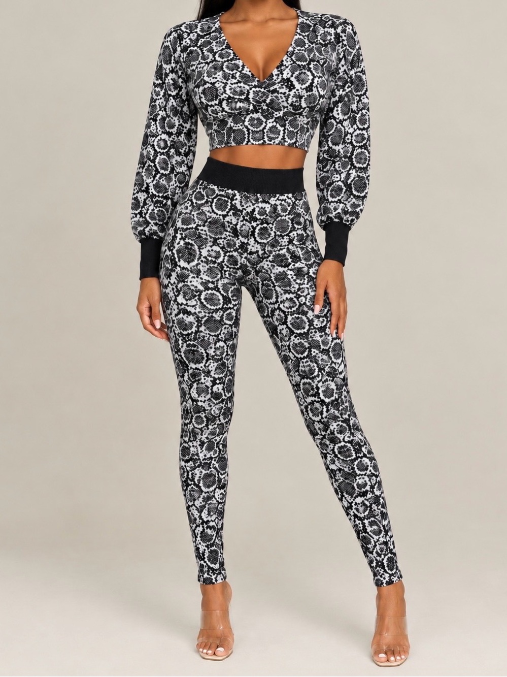 AKIRA Black & White Floral-Print High-Waist Leggings and Matching Crop Top